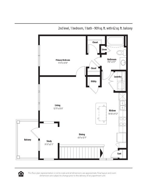 Floor plan for 1 bed, 1 bath, 907 sqft